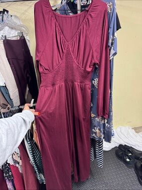 Smocked-Waist Long Sleeve Jumpsuit in Burgundy
